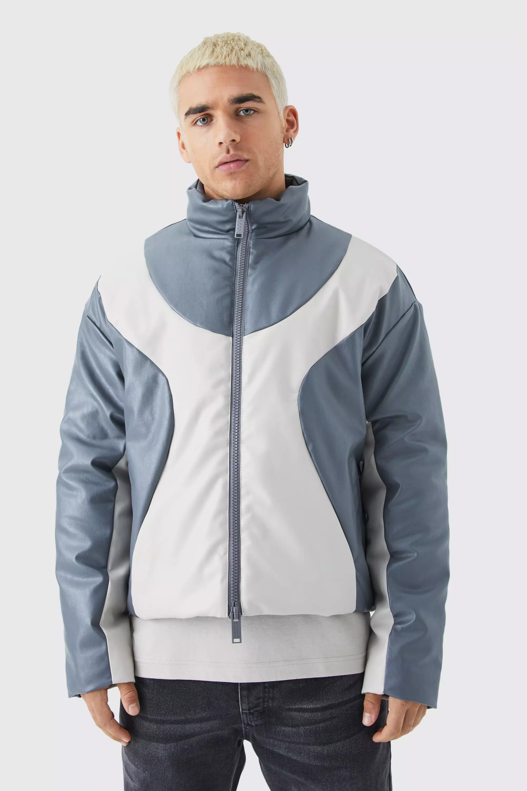 Grey Boxy PU Funnel Neck Panelled Bomber Jacket alternative image