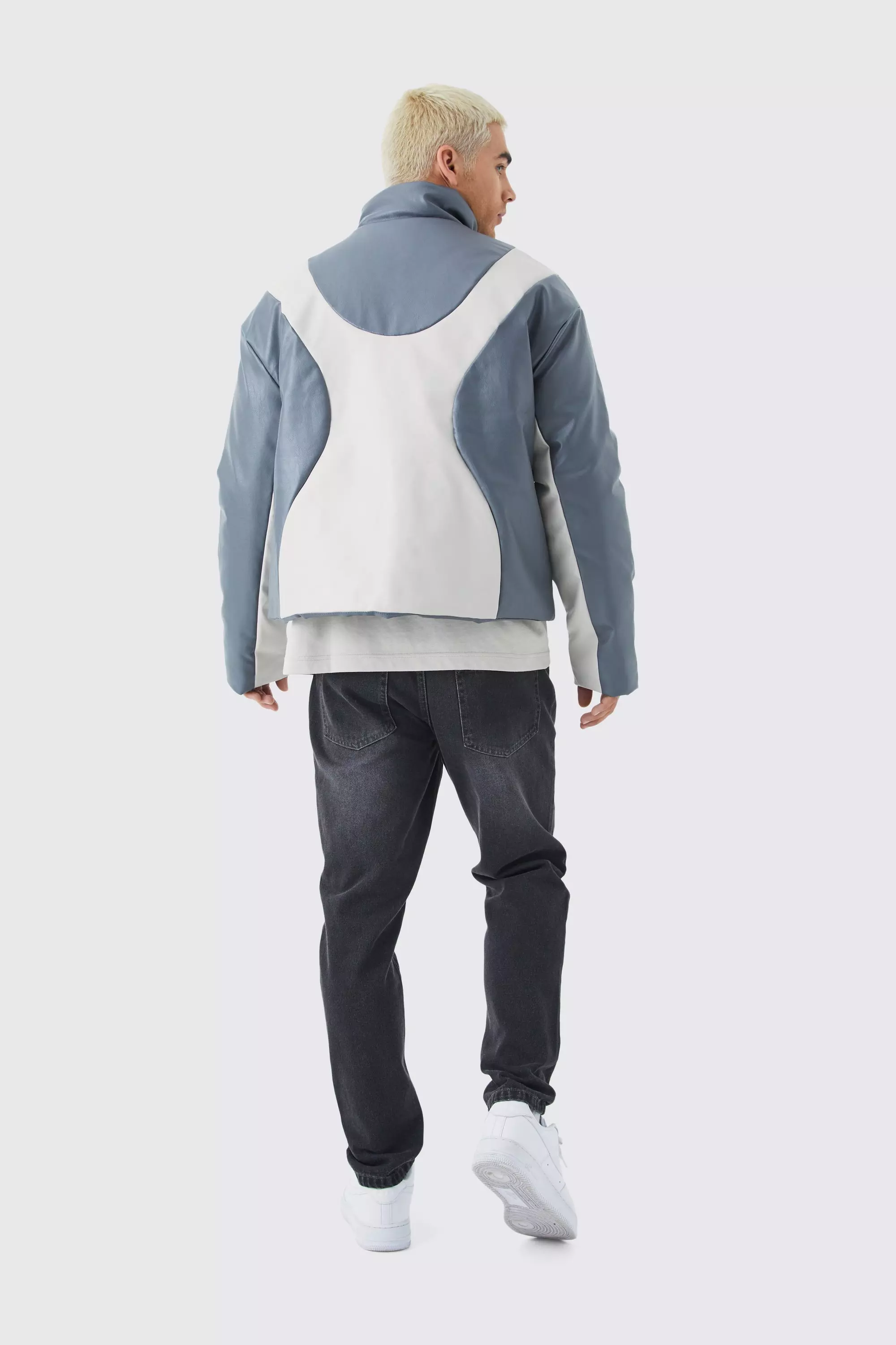 Grey Boxy PU Funnel Neck Panelled Bomber Jacket alternative image
