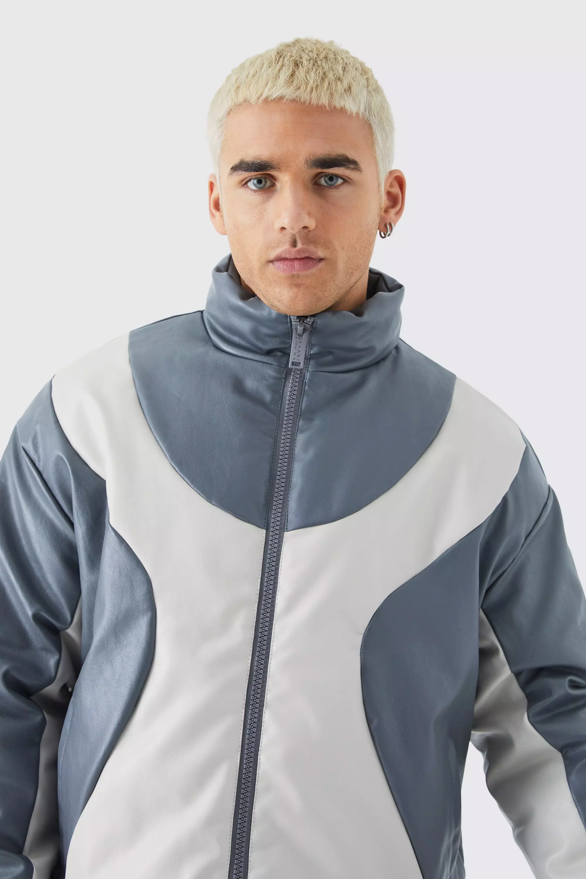 Grey Boxy PU Funnel Neck Panelled Bomber Jacket alternative image