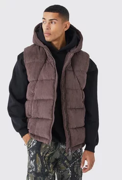 Cord Panelled Hooded Puffer Gilet Chocolate