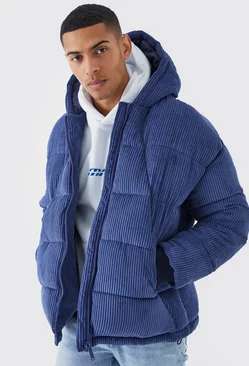 Blue Cord Panelled Hooded Puffer