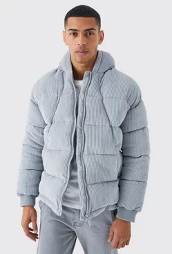Grey Cord Panelled Hooded Puffer