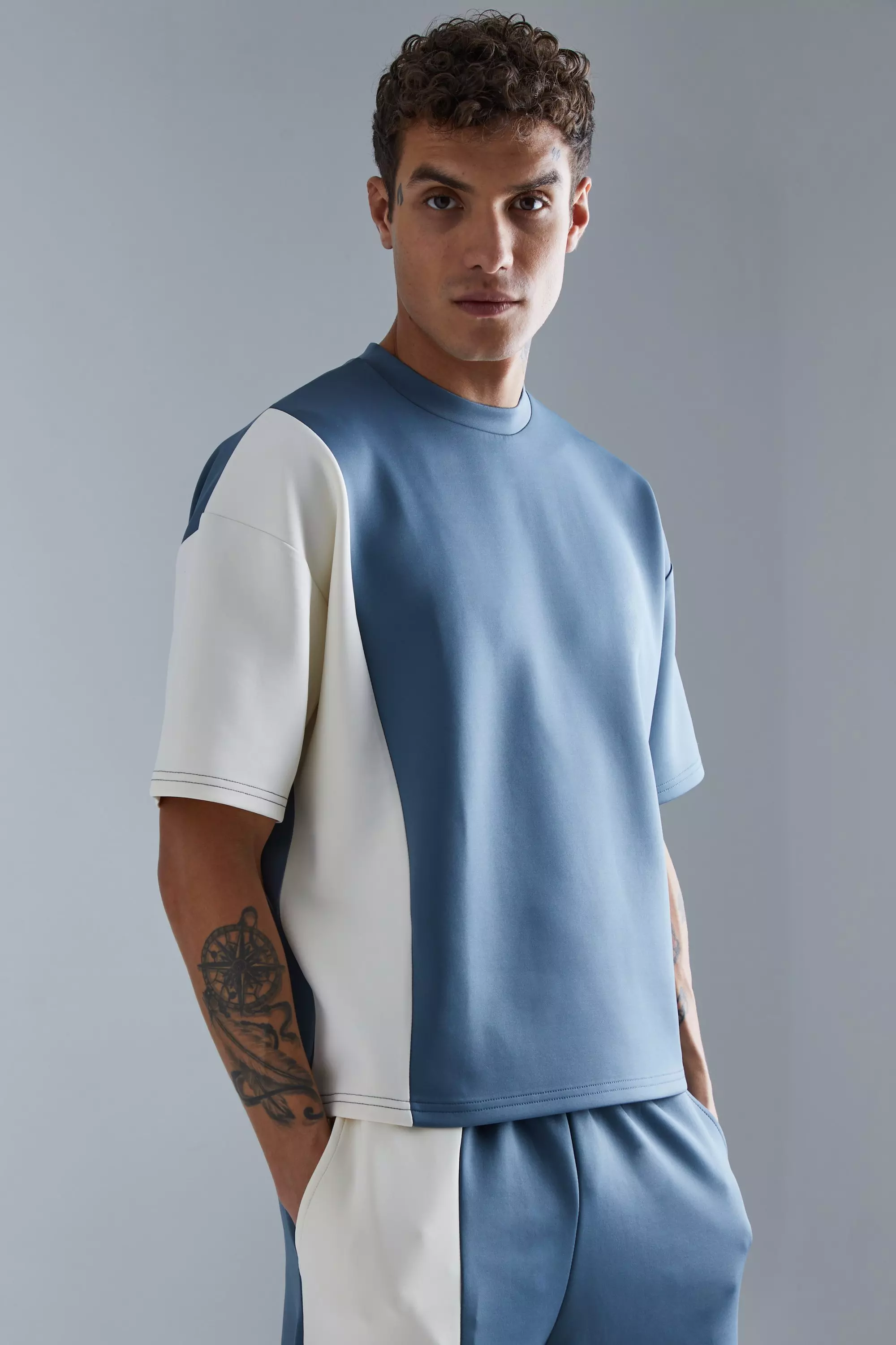 Oversized Boxy Scuba Colour Block T-shirt slate blue
