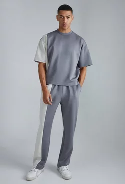 Boxy Scuba Colour Block T-shirt & Sweatpants Set Charcoal
