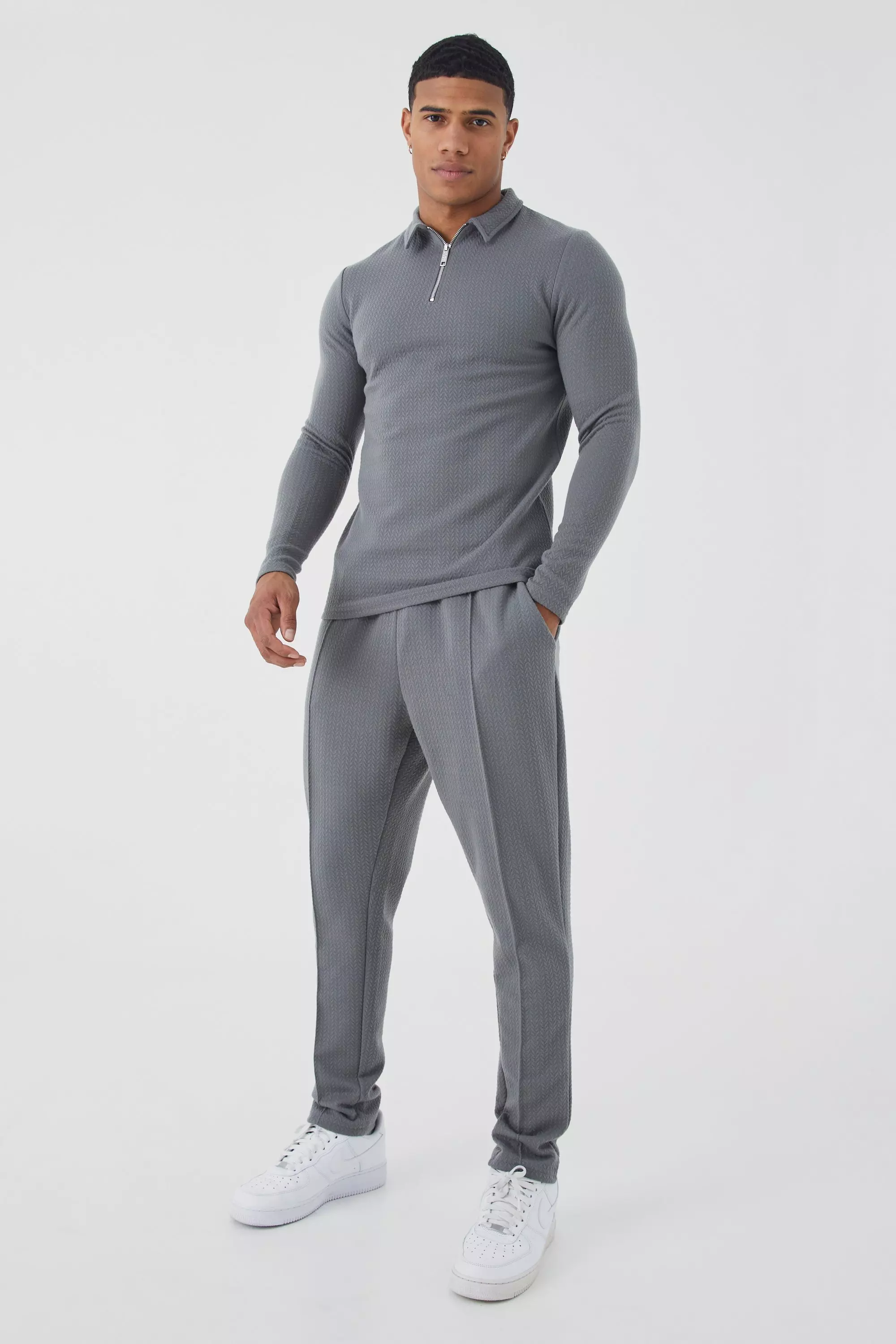 Charcoal Slim Long Sleeve Jacquard Polo & Sweatpants Set alternative image