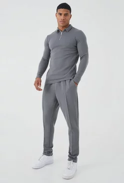 Muscle Long Sleeve Jacquard Polo & Sweatpants Set Charcoal