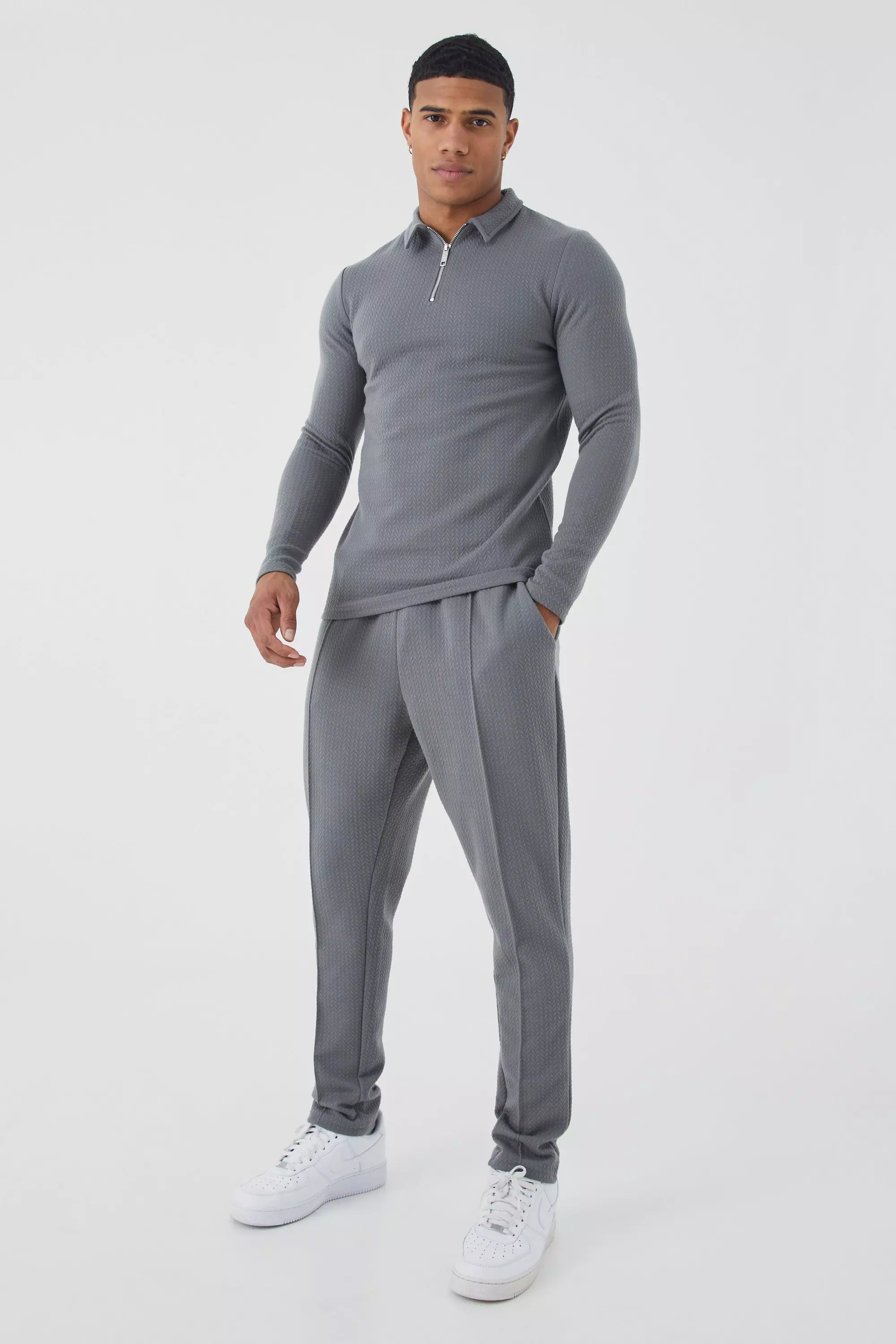 Charcoal Grey Muscle Long Sleeve Jacquard Polo & Sweatpants Set