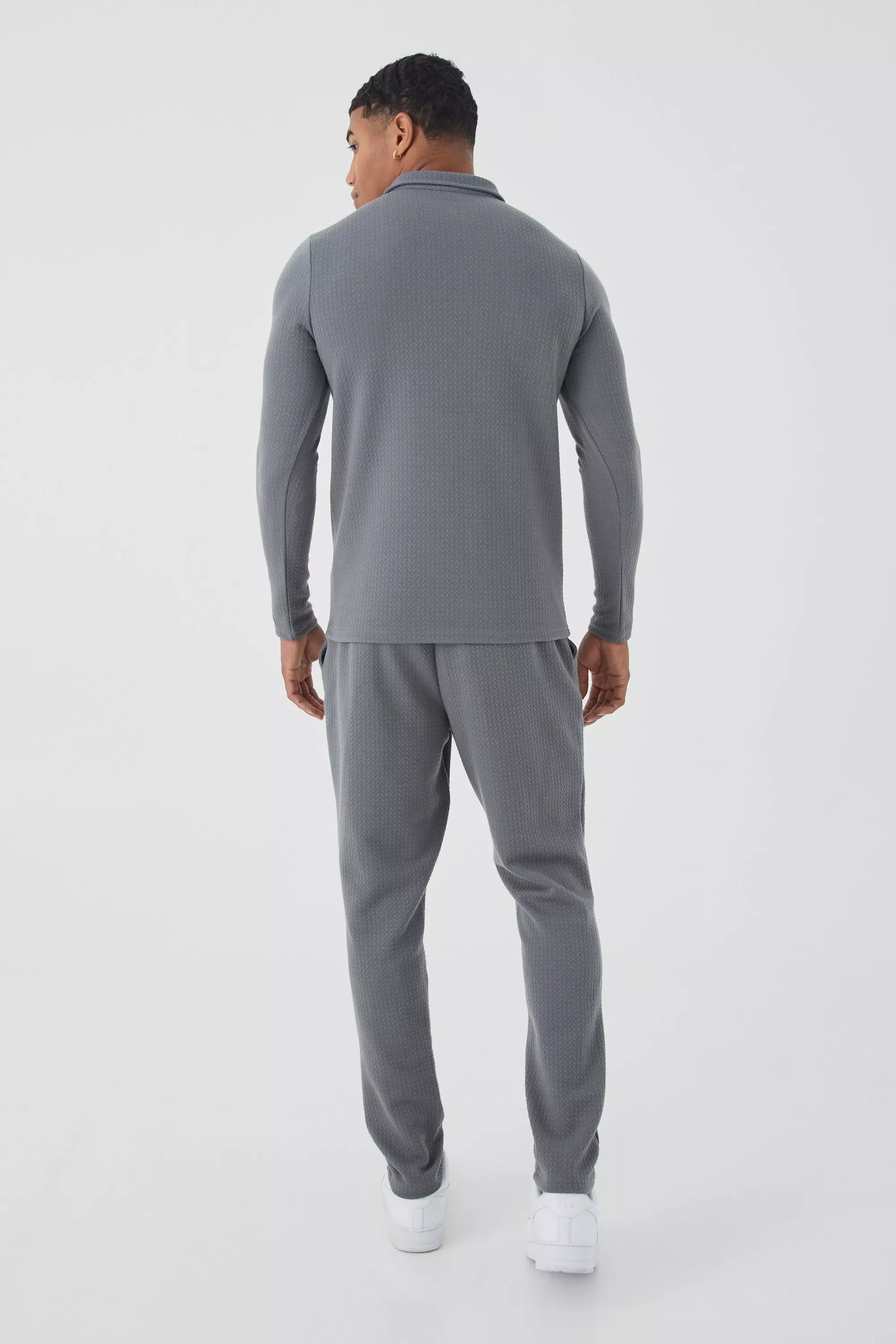 Charcoal Slim Long Sleeve Jacquard Polo & Jogger Set alternative image