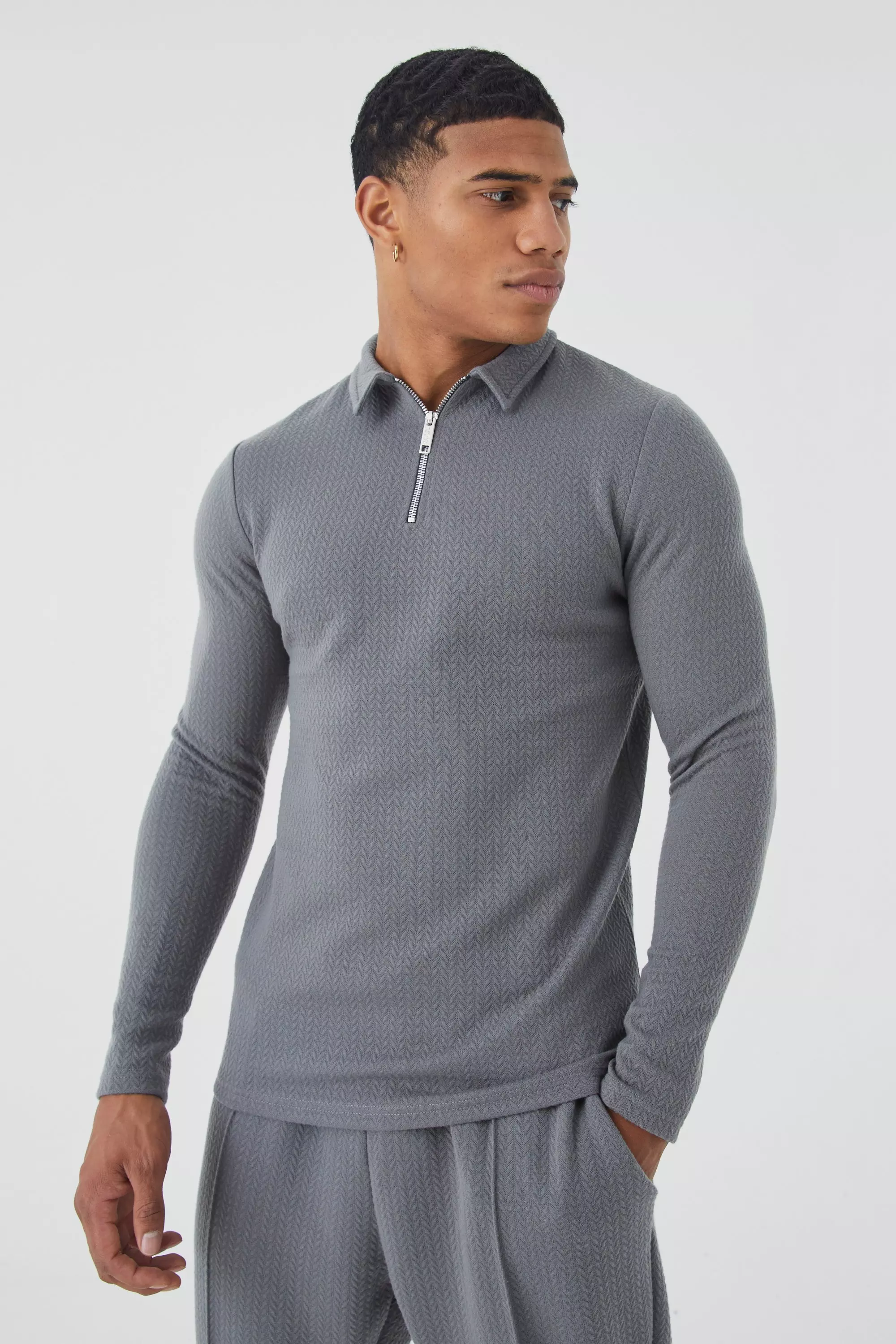 Charcoal Slim Long Sleeve Jacquard Polo & Jogger Set alternative image