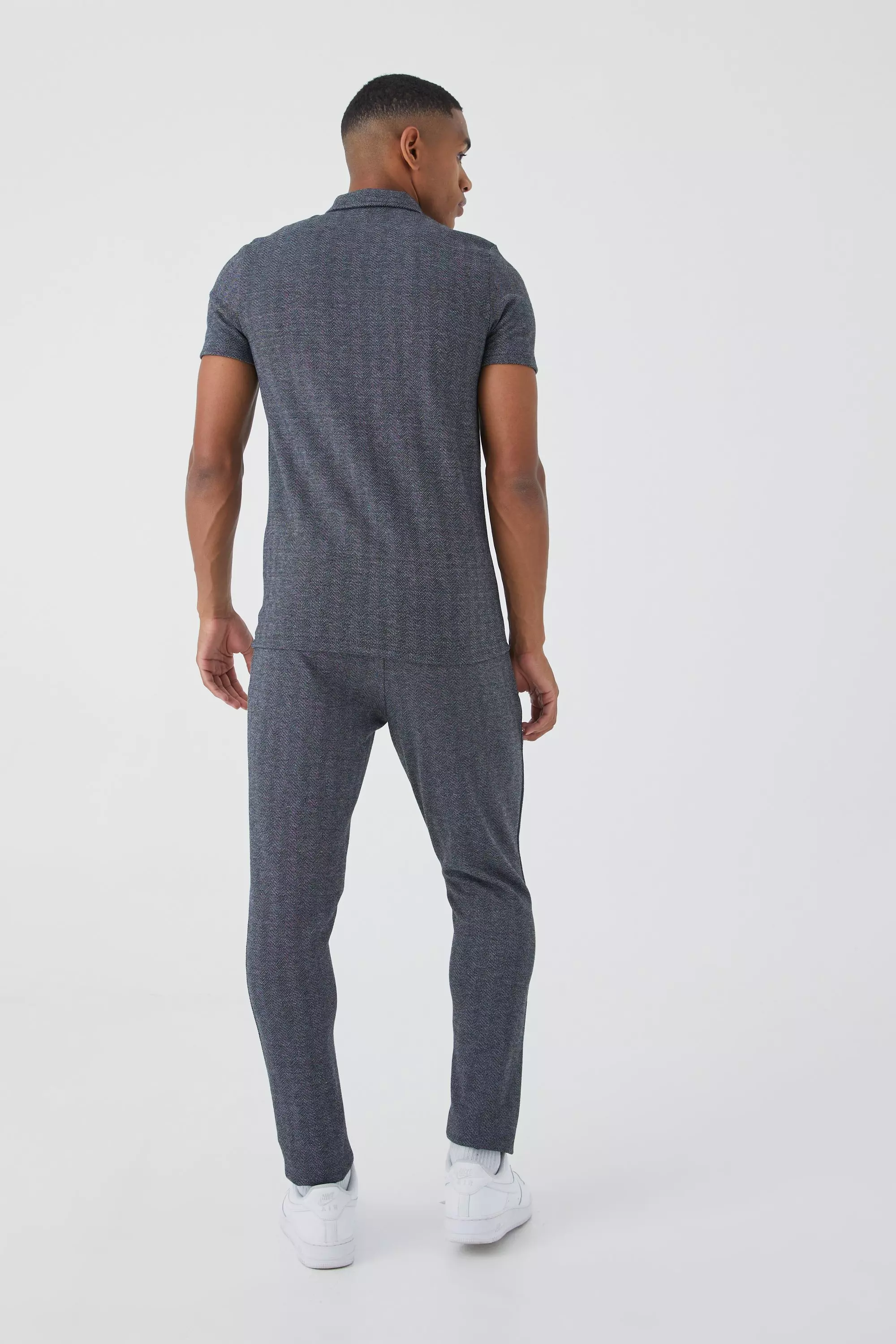 Muscle Herringbone Jacquard Polo Jogger Set boohooMAN UK