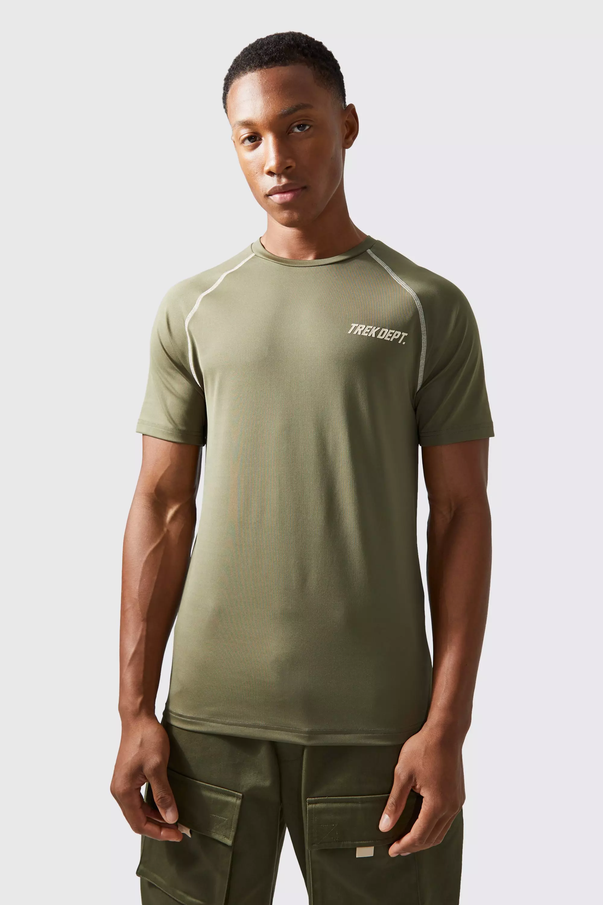 Khaki Active Muscle Performance Topstitch T-shirt