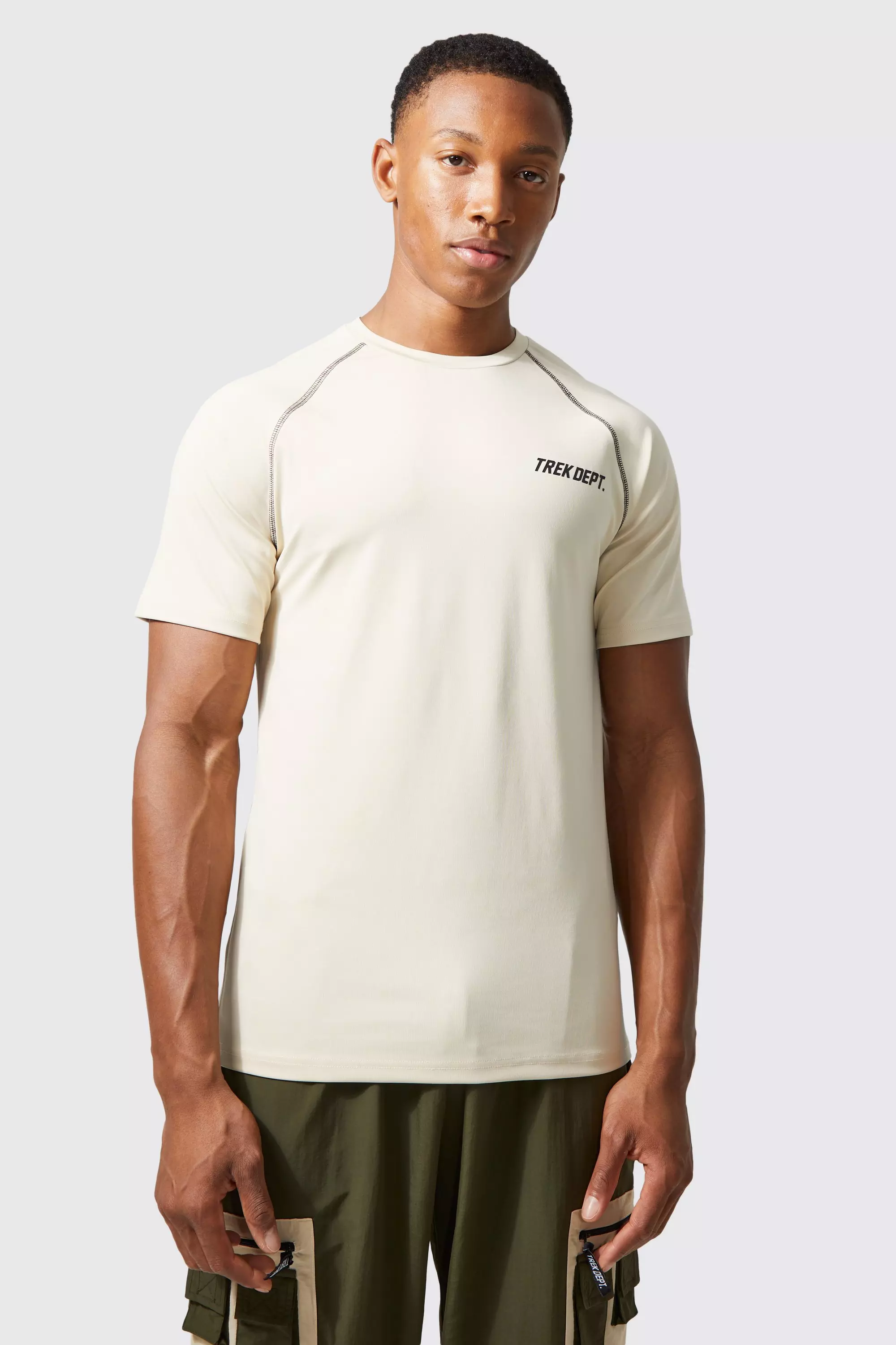 Stone Beige Active Muscle Performance Topstitch T-shirt