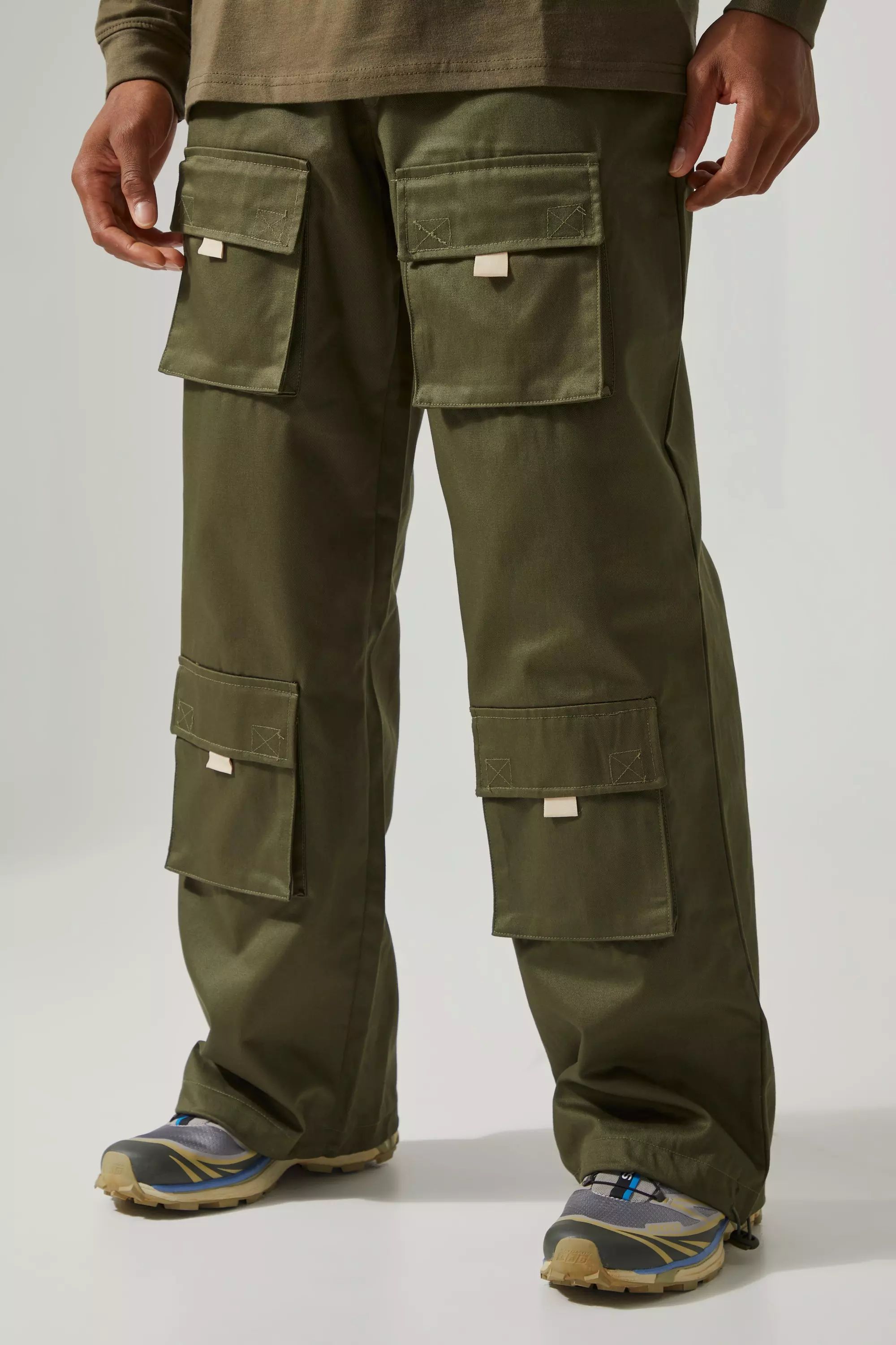 Khaki Active Twill Wide Leg Cargo Pants