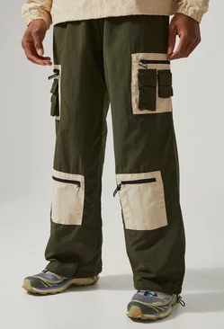 Khaki Active Wide Leg Matte Nylon Cargo Pants