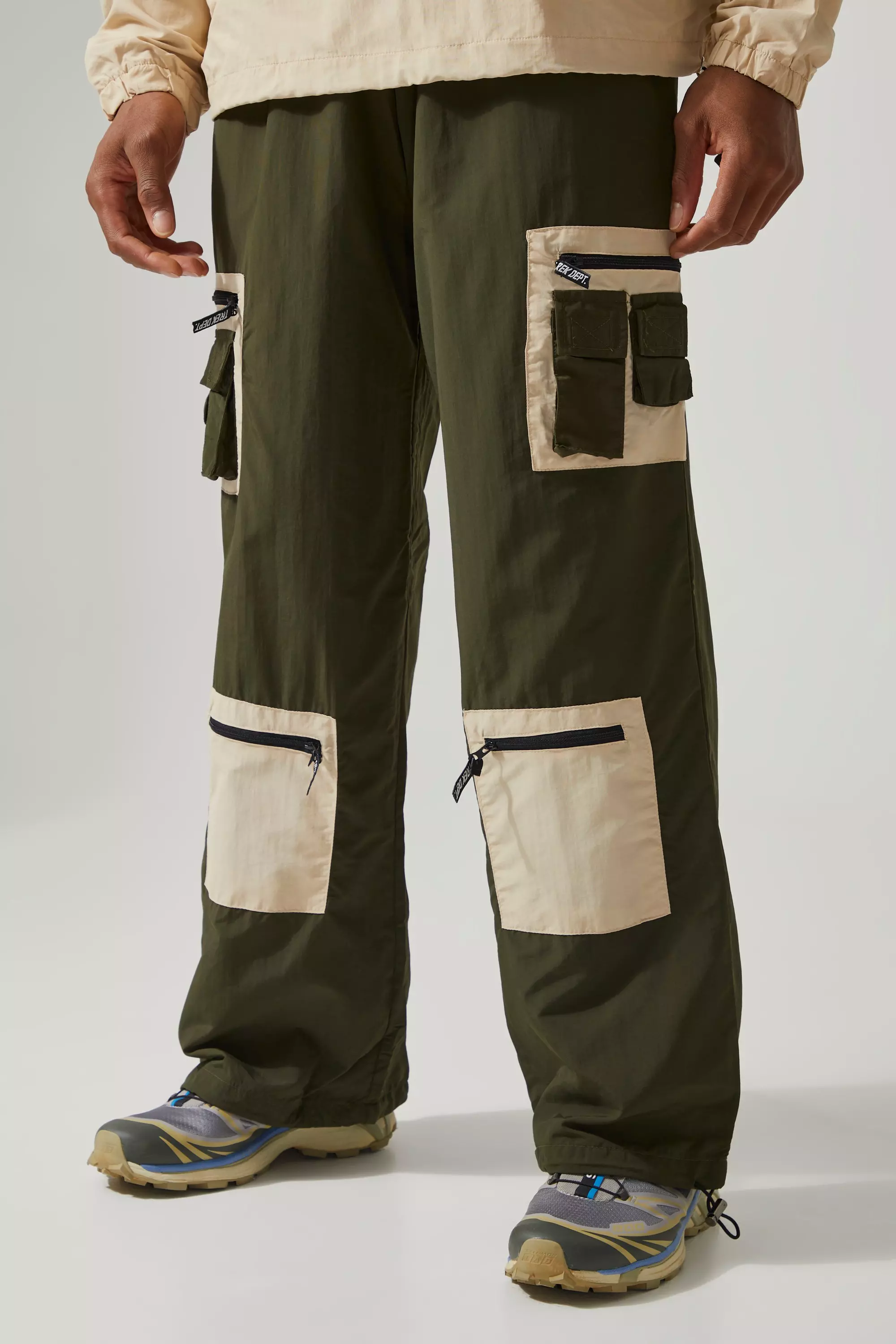 Active Wide Leg Matte Nylon Cargo Pants Khaki