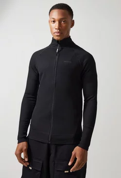 Active Muscle Fit Funnel Neck Waffle Track Top Black