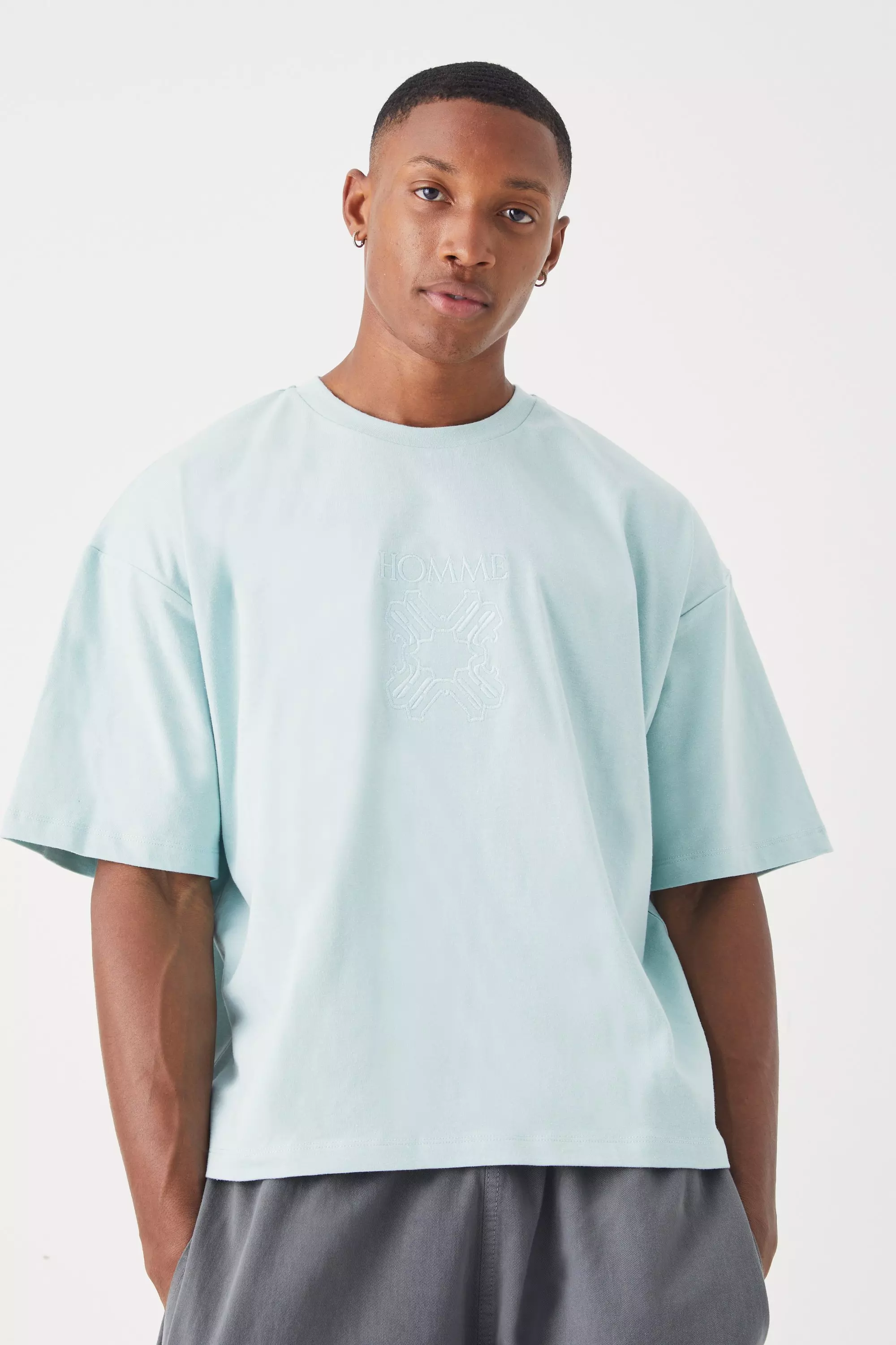 Sage Green Boxy Homme Embroidered T-shirt