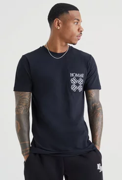 Slim Homme Embroidered Pocket T-shirt Black