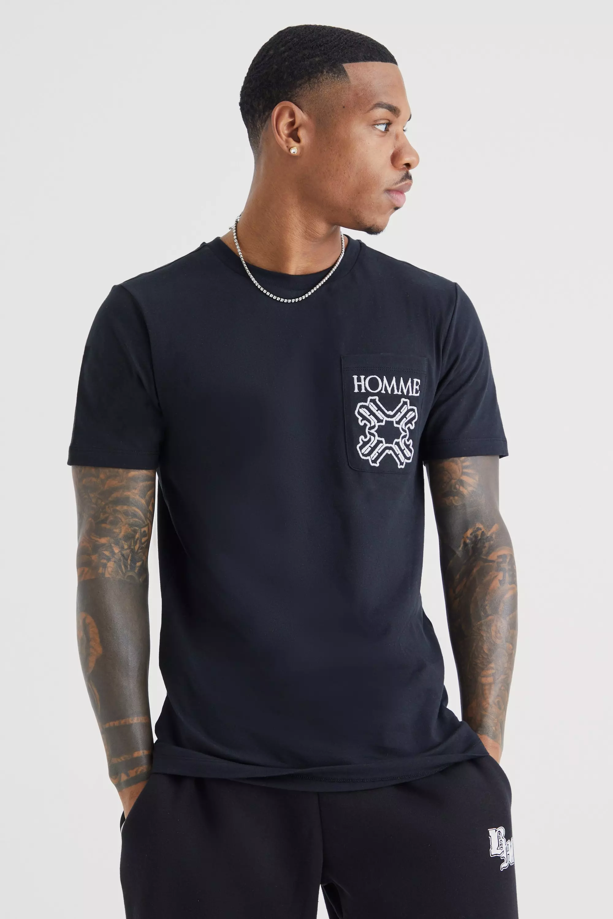 Black Slim Homme Embroidered Pocket T-shirt