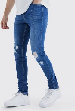 Blue Tall Skinny Stretch Ripped Knee Paint Splatter Jean
