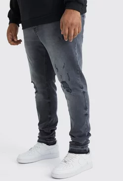 Plus Skinny Stacked Distressed Ripped Let Down Hem Jean Charcoal