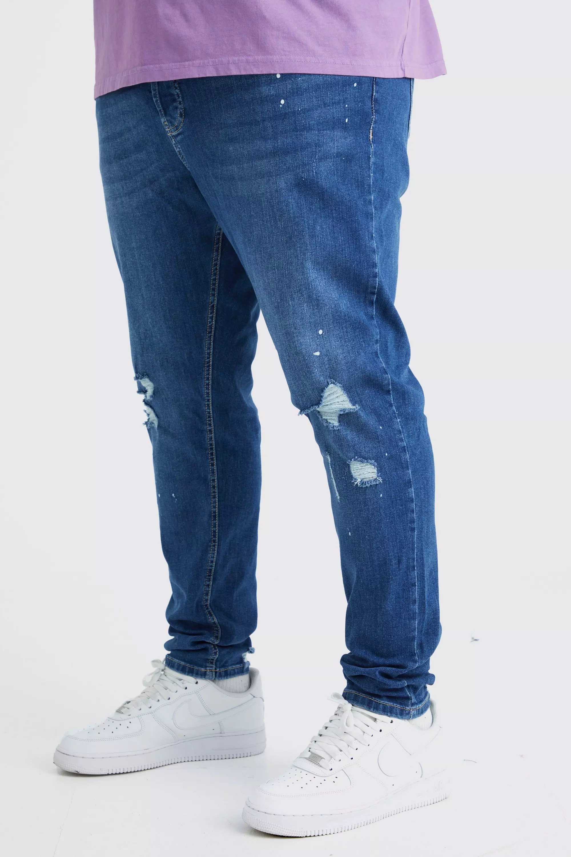 Blue Plus Skinny Stretch Ripped Knee Paint Splatter Jean