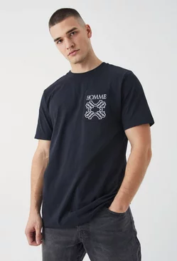 Black Tall Slim Homme Embroidered Pocket T-shirt