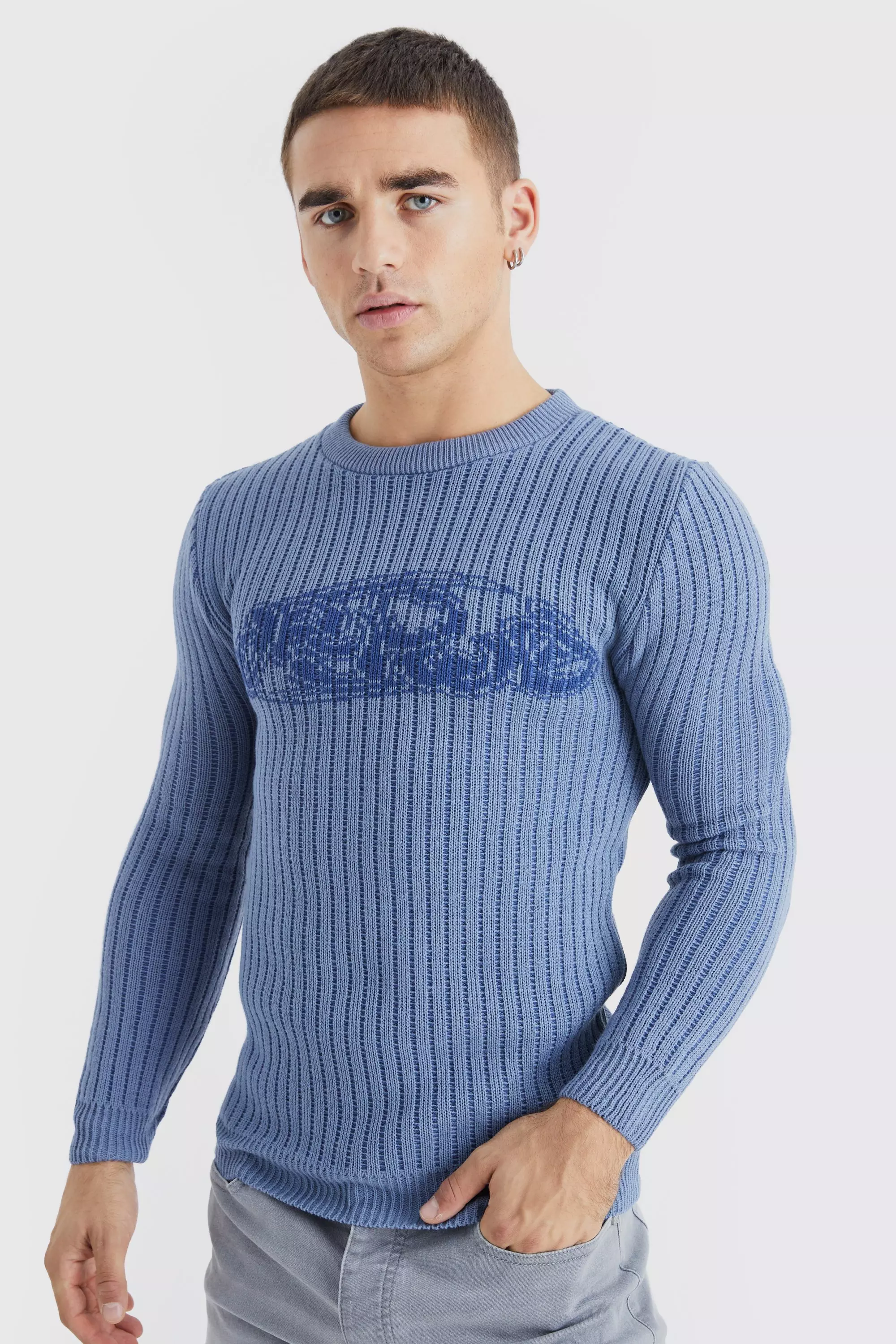 Blue Muscle Fit 2 Tone Rib Worldwide Sweater