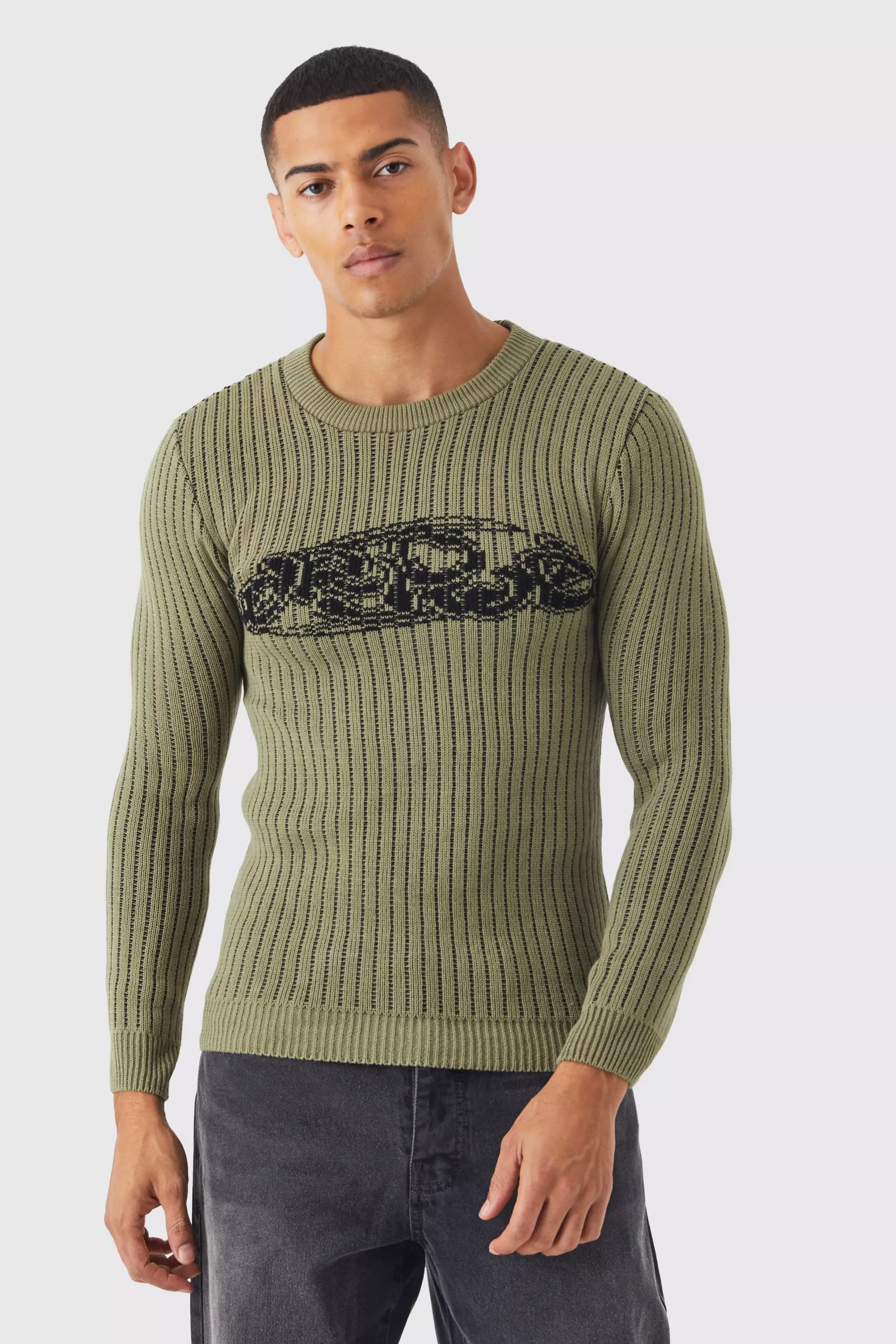 Muscle Fit 2 Tone Rib Worldwide Sweater Khaki