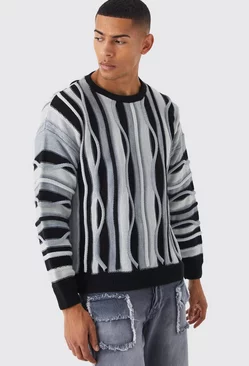 Grey Oversized Boxy 3d Jacquard Sweater