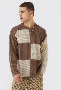 Oversized Open Knit Colour Block Sweater Brown