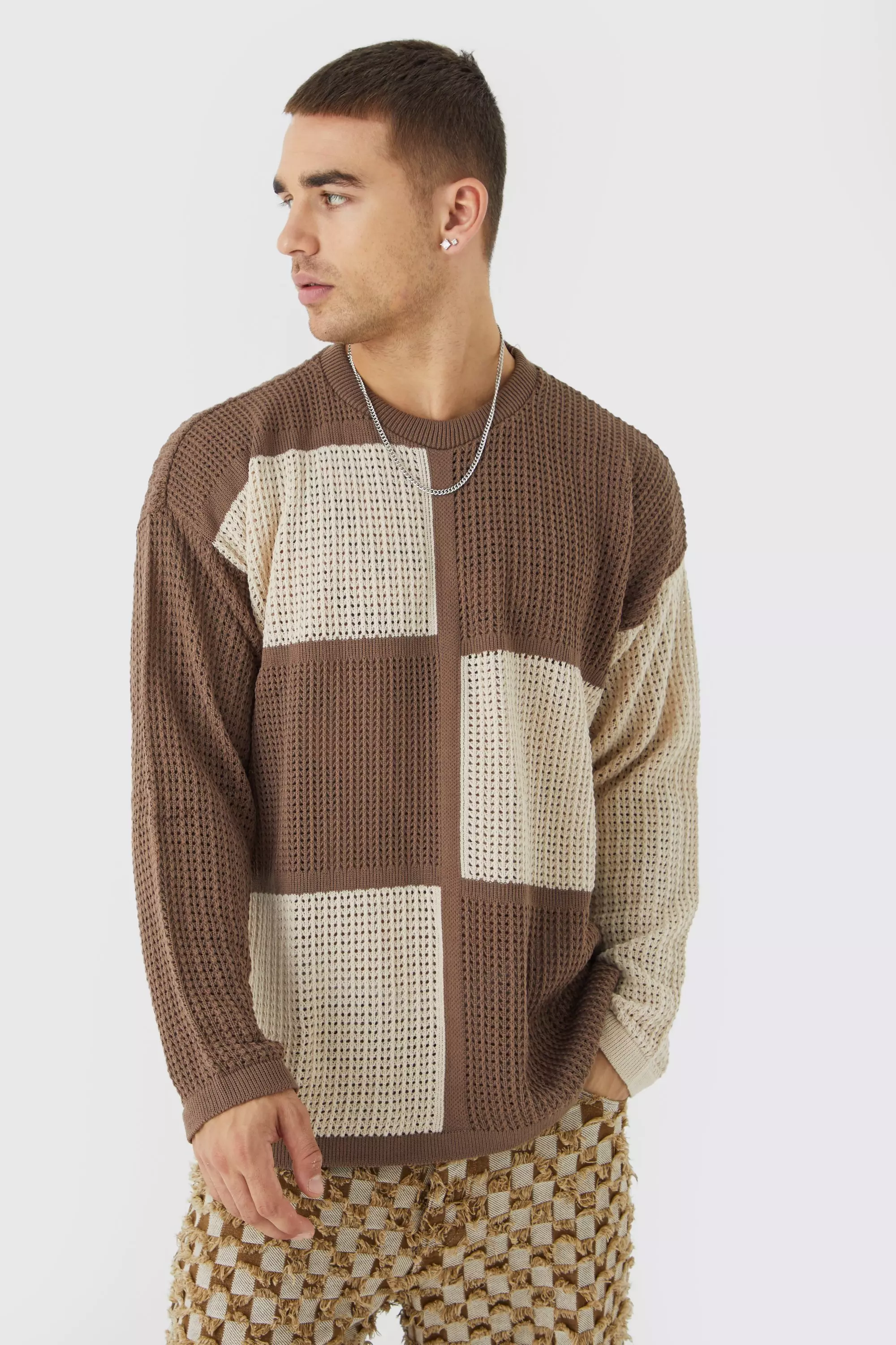 Oversized Open Knit Colour Block Sweater Brown
