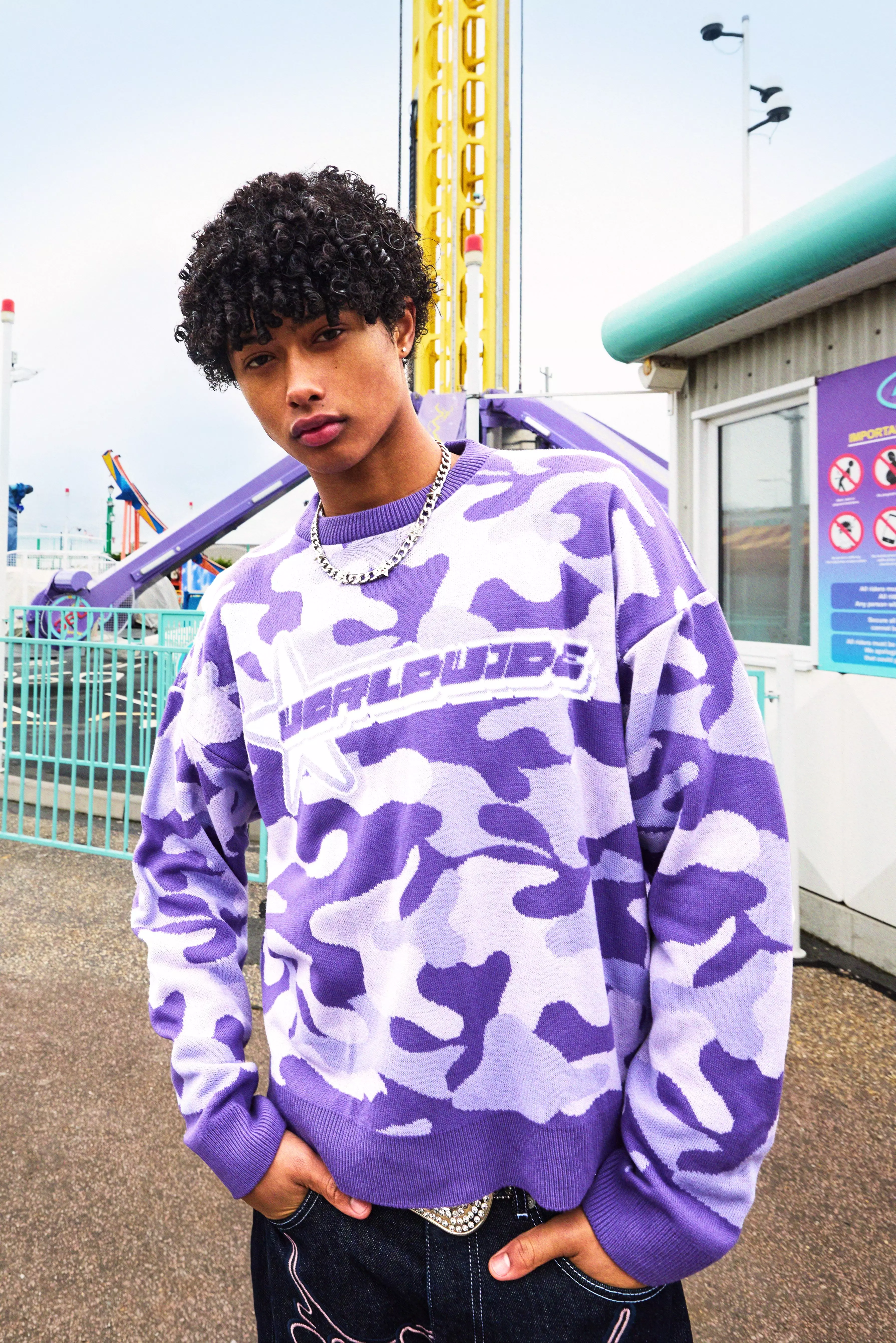 Purple Boxy Oversized Camo Print Knitted Sweater