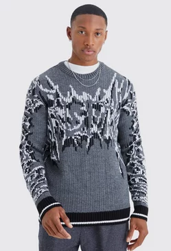 Ribbed Gothic Print Knit Sweater Black
