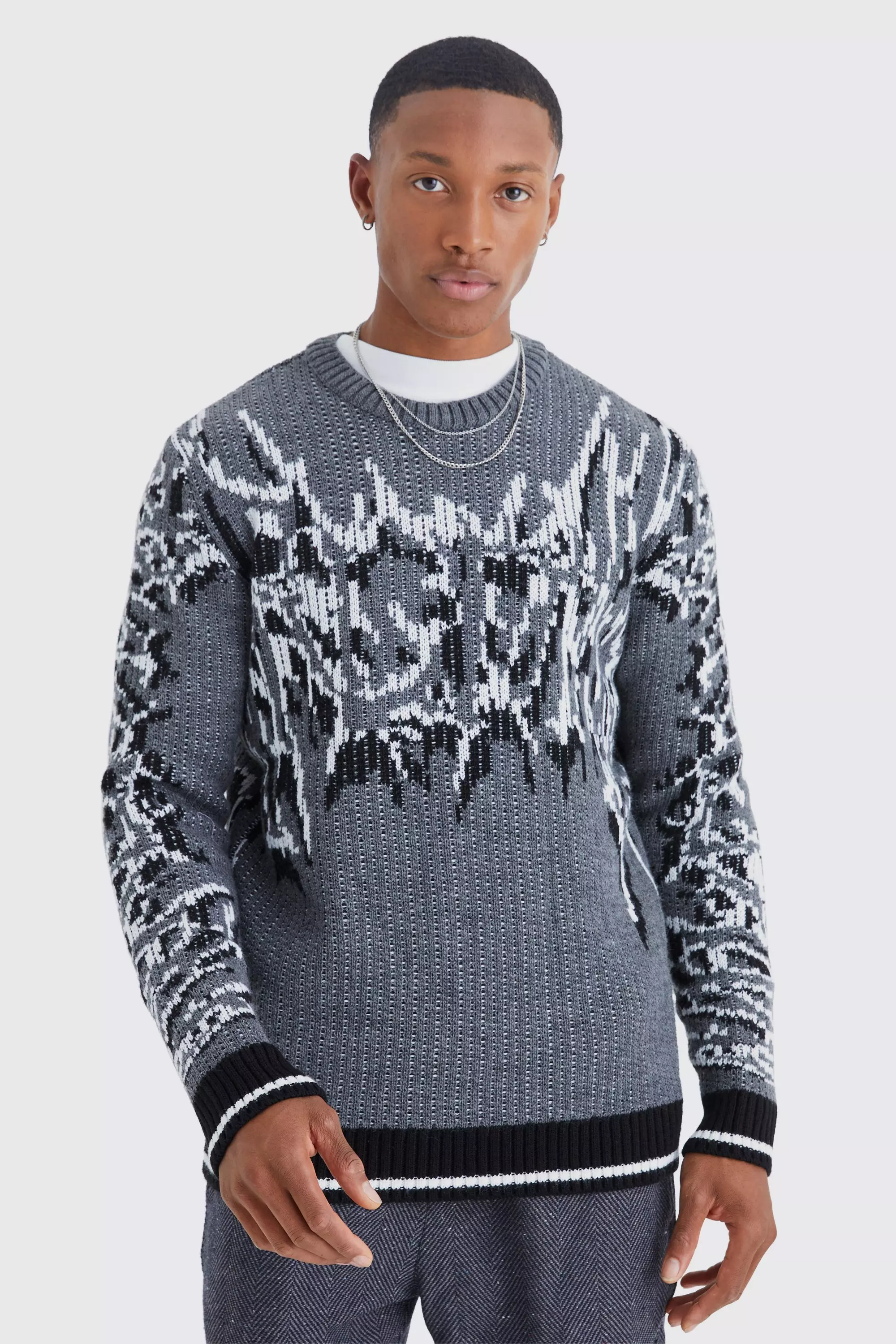 Ribbed Gothic Print Knit Sweater Black