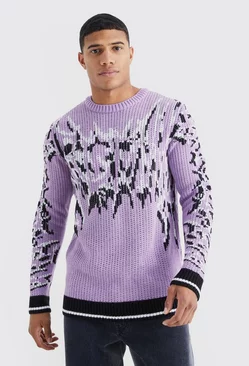 Purple Ribbed Gothic Print Knit Sweater