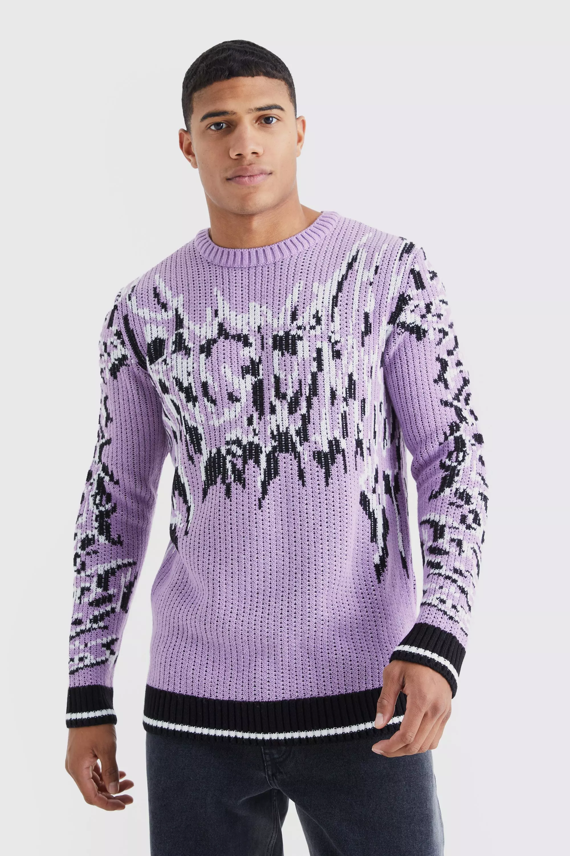 Purple Ribbed Gothic Print Knit Sweater
