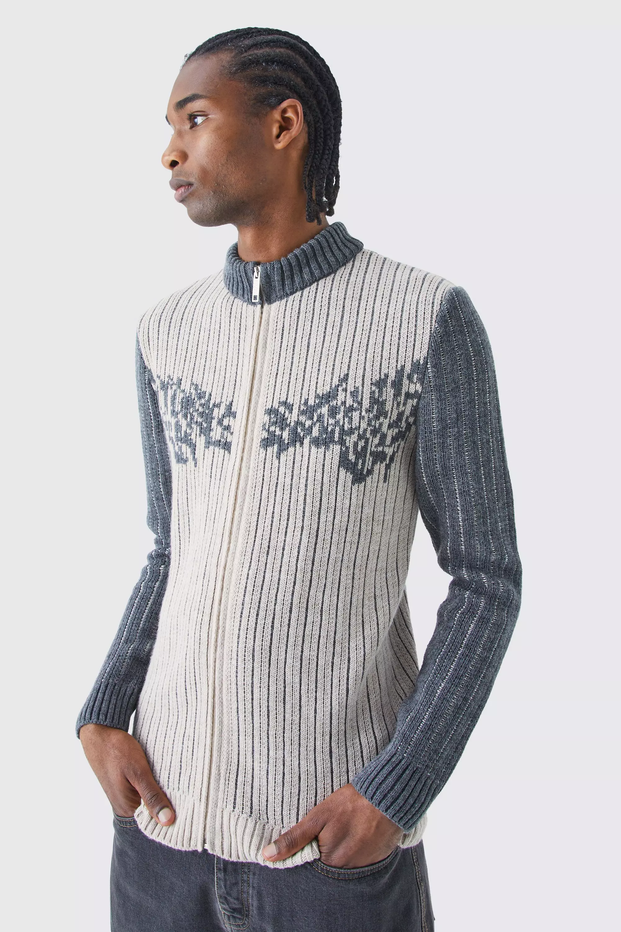 Muscle Fit 2 Tone Rib Extended Neck Sweater Stone