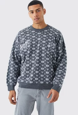 Oversized All Over Print Knit Sweater Grey