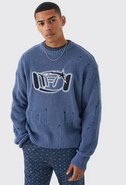 Blue Oversized Boxy Laddered Applique Knit Sweater