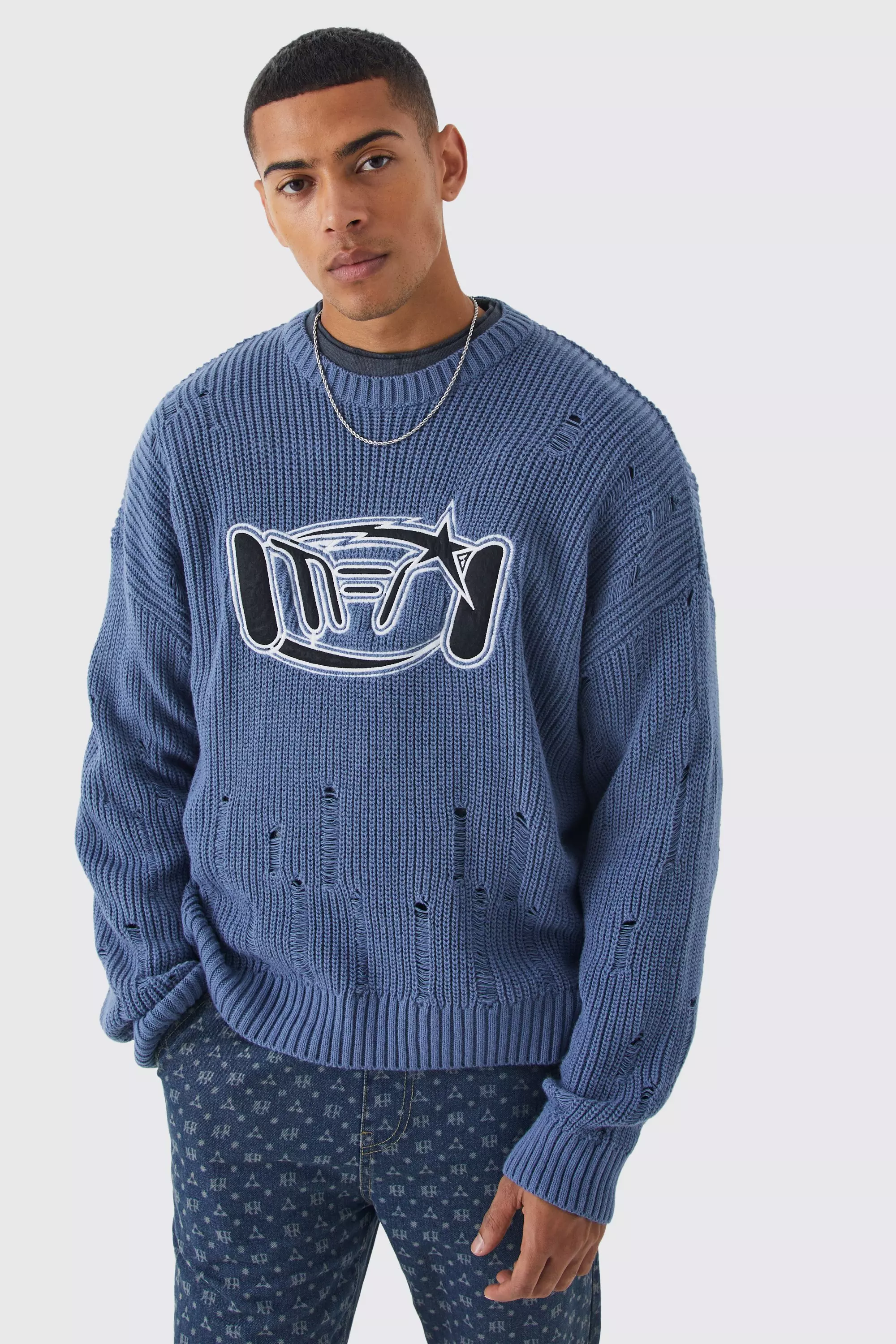 Blue Oversized Boxy Laddered Applique Knit Sweater