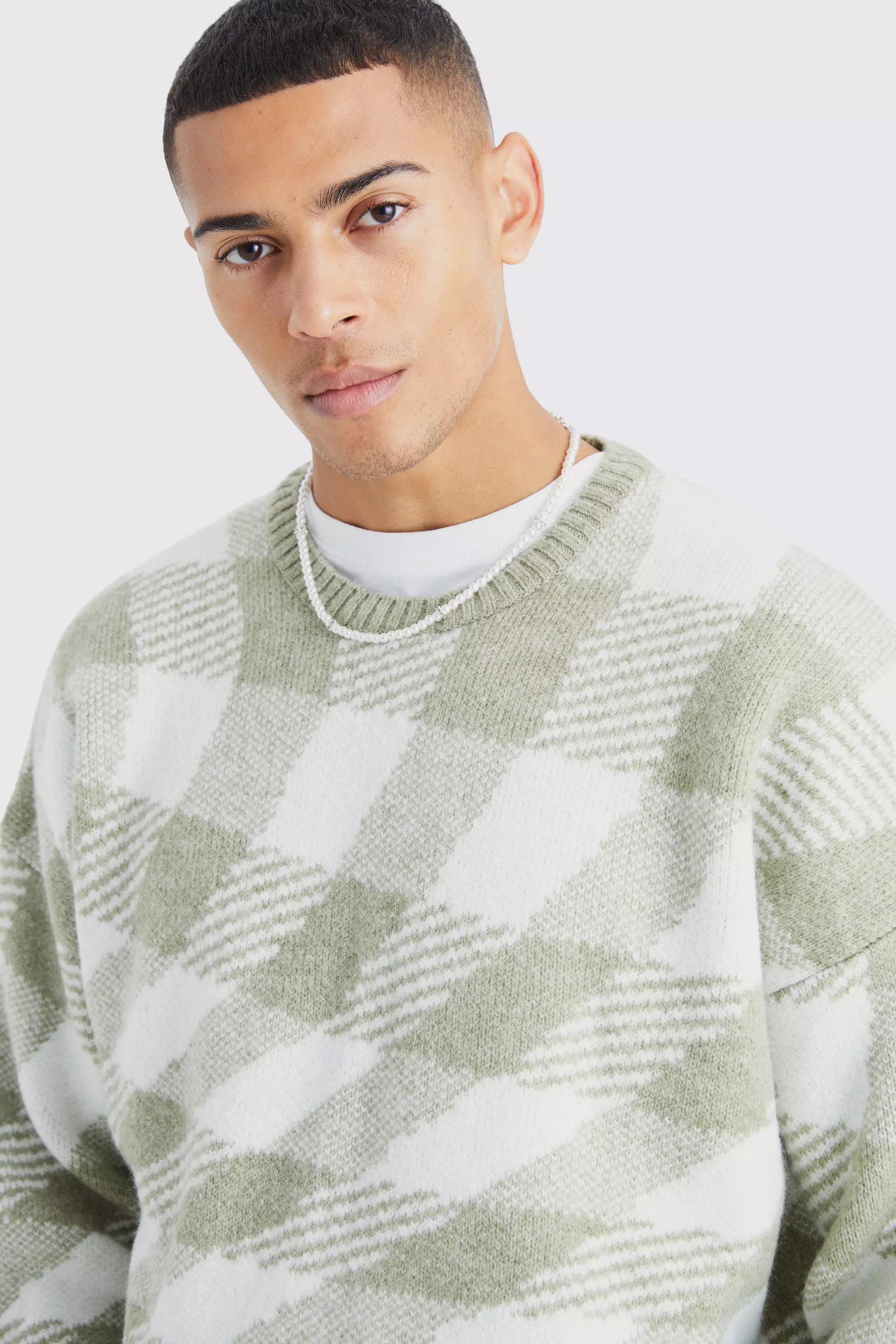 Oversized Boxy Brushed Checked Knit Jumper boohooMAN UK