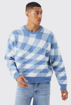Blue Oversized Boxy Brushed Checked Knit Sweater