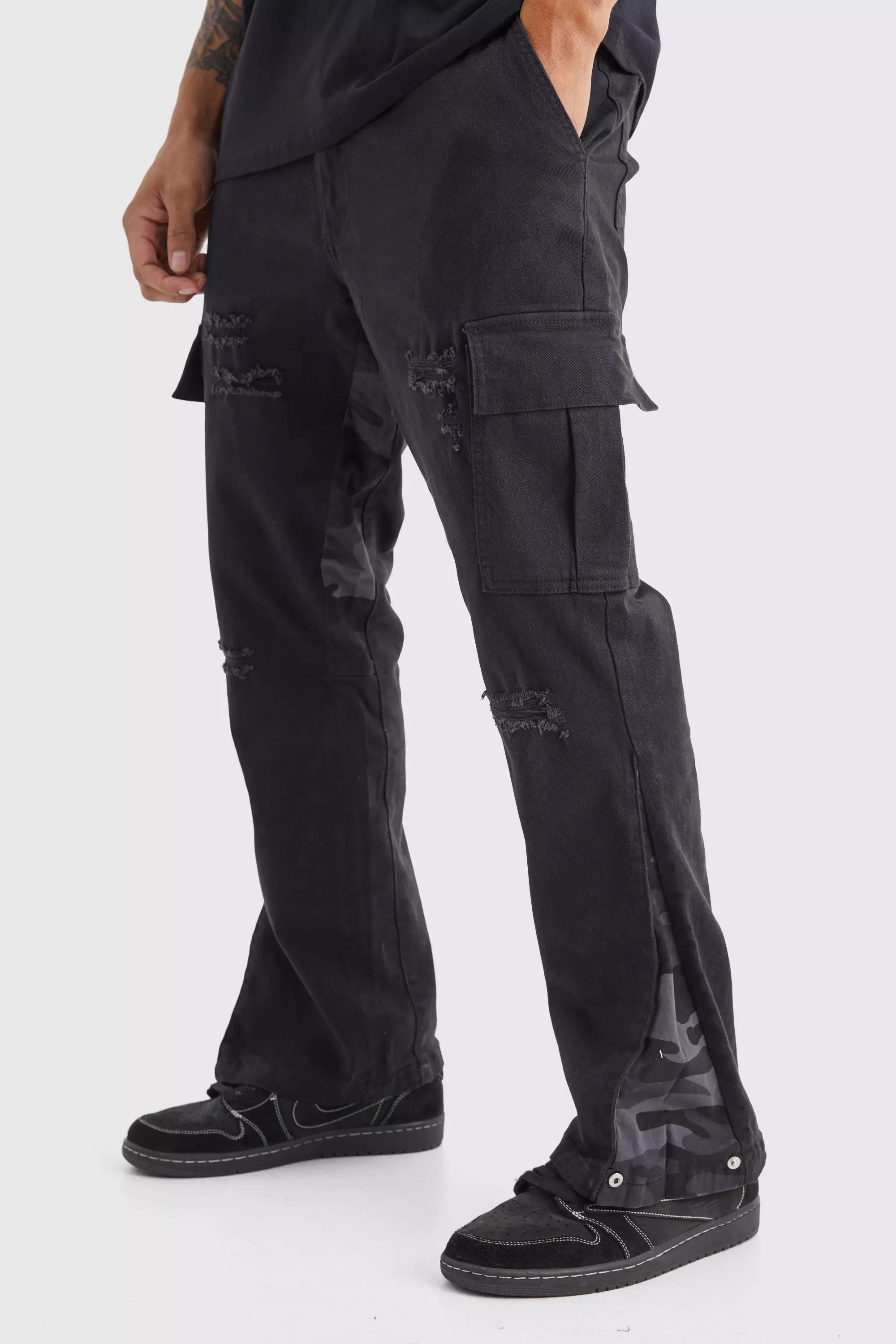 Slim Stacked Flare Camo Gusset Rip And Repair Pants Black