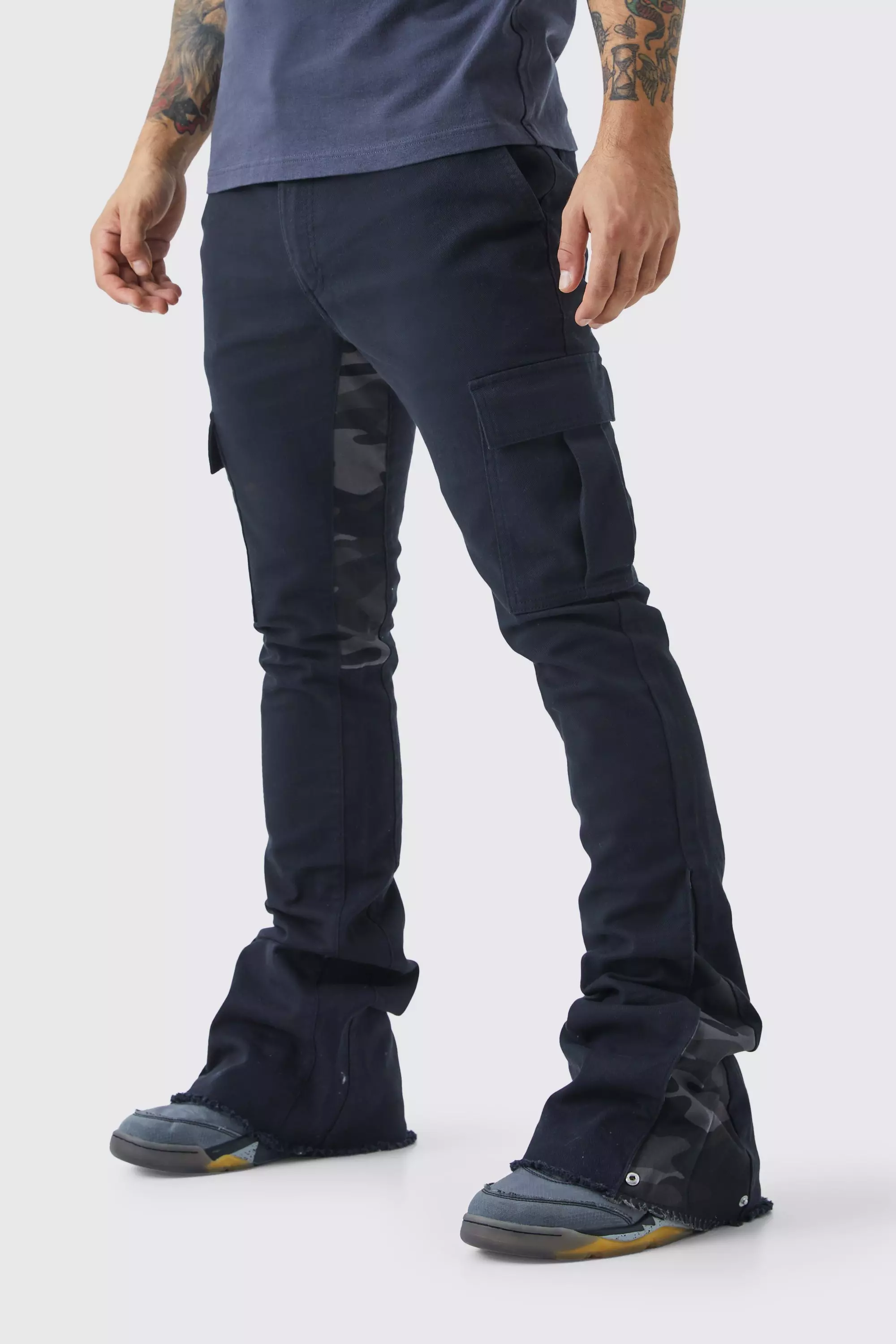 Black Skinny Stacked Flare Camo Gusset Cargo Pants