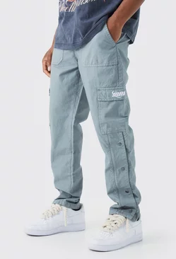 Straight Leg Cargo Popper Hem Ripstop Branded Trouser Slate