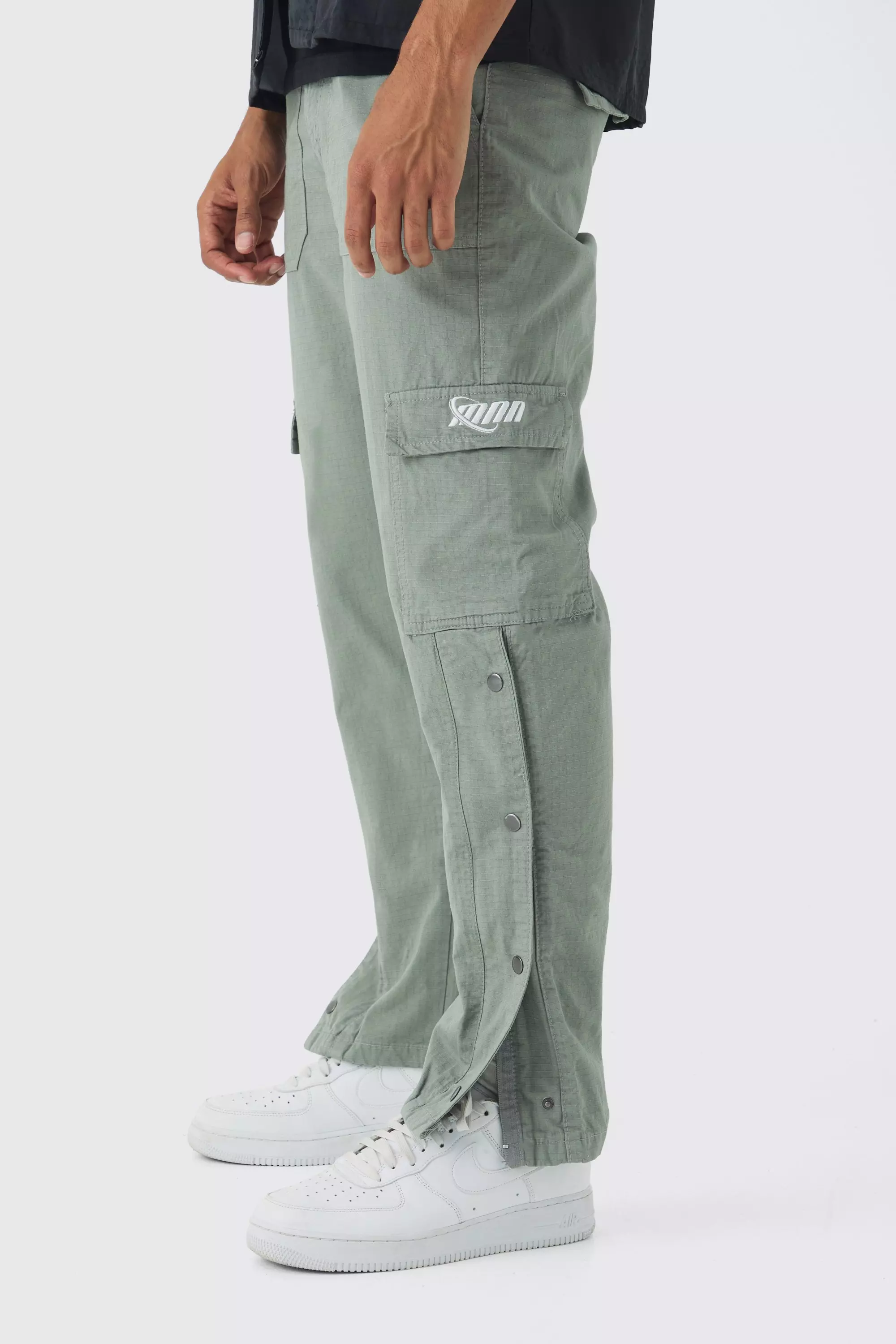 Straight Leg Cargo Popper Hem Ripstop Branded Trouser Slate