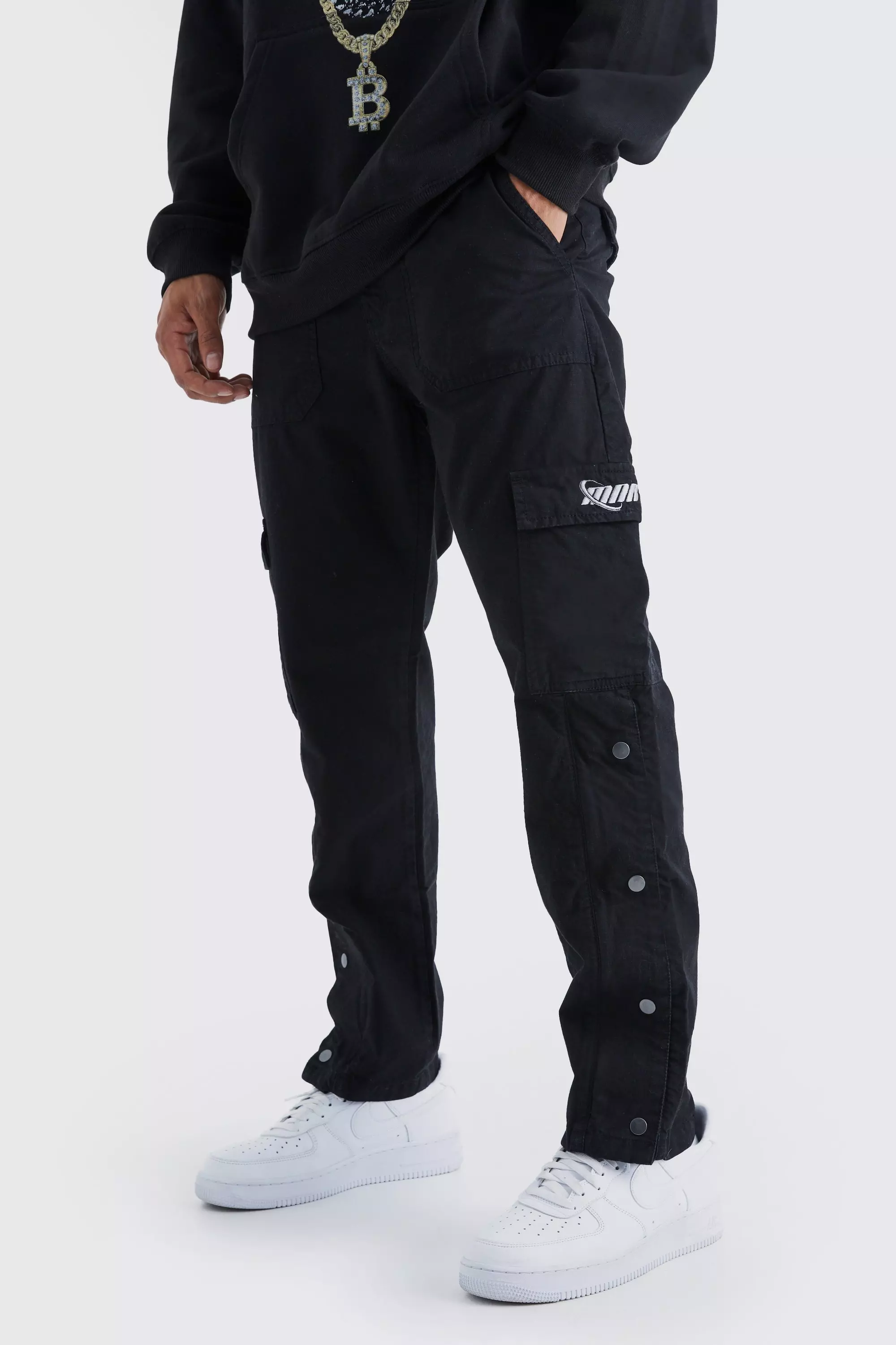 Straight Leg Cargo Popper Hem Ripstop Branded Trouser Black