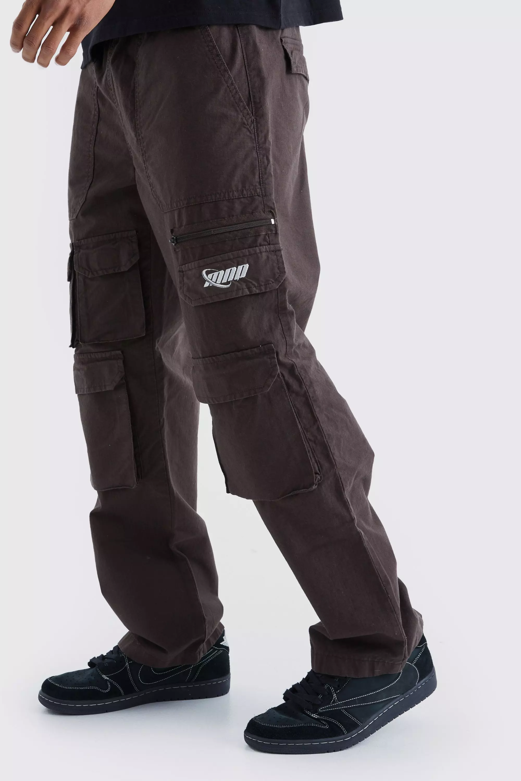 Chocolate Brown Relaxed Multi Cargo Ripstop Trouser With Tonal Embroidery