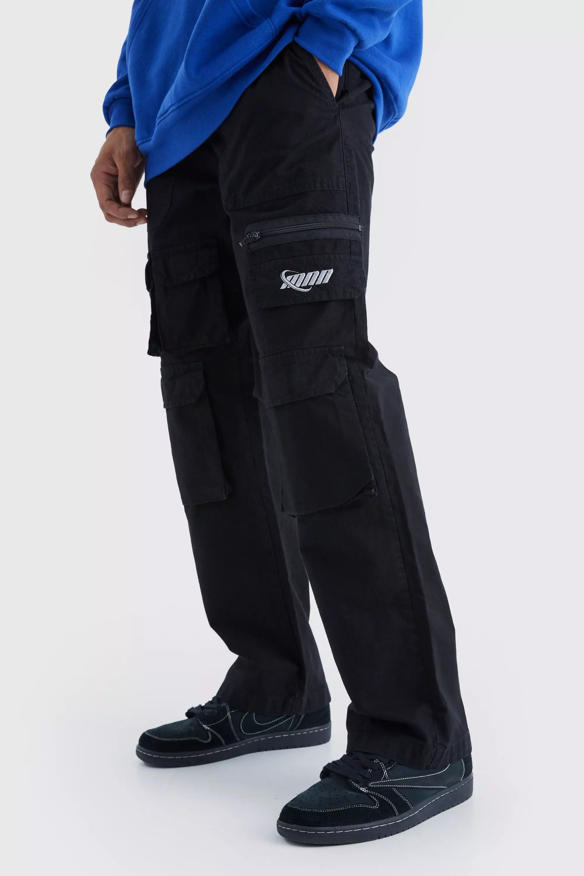 Black Relaxed Multi Cargo Ripstop Pants With Tonal Embroidery